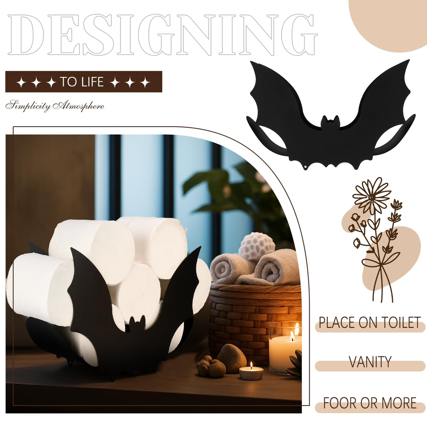 Novabright Black Bat Toilet Paper Roll Holder Halloween Gothic Bathroom Storage Decor Metal Witch Wall Mounted Toilets Paper Holder Funny Tissue Storage Organizer for Washroom Rack Art