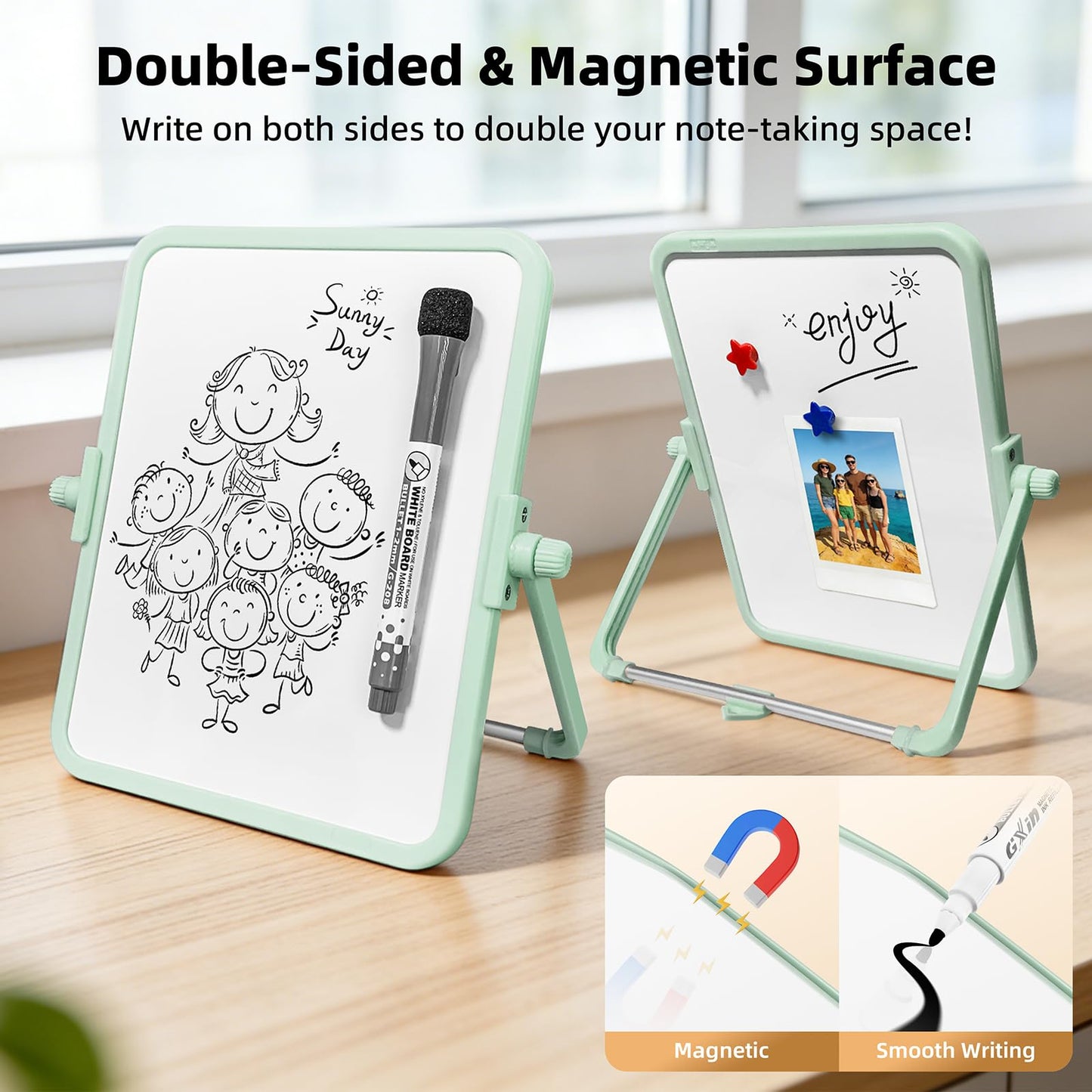 FUNISKETCH Magnetic Dry Erase Whiteboard, 6.7x8.4 Inch Double-Sided Desktop Easel with Stand, 2 Eraser Head Markers & 4 Magnets, Portable White Board for Planning, Memo, Office, Home, School（Green）