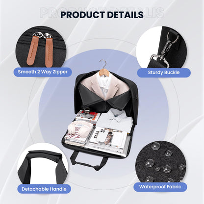 Garment Bags for Travel, Carry on Garment Bag with Shoulder Strap, Foldable Suit Travel Bags for Men, Wrinkle Free Garment Travel Bag for Hanging Clothes, Black