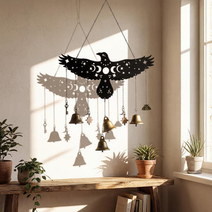 Sliner Raven Witch Bells Wall Hanging Witchy Moon Phase Decor Celestial Gothic Pagan Christmas Halloween Yule Savannah Winter Solstice Spiritual Protection Decor for Home Altar House Warming Gift