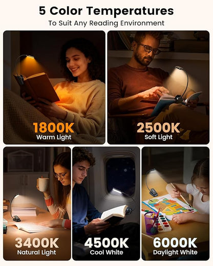 Glocusent 20 LED Reading Lights for Books in Bed, Eye Caring Reading Light, 5 Colors & 5 Brightness 3–100LM Dimmable, 1200mAh Rechargeable Book Light to 90H, Lightweight Clip on Light for Book Lovers