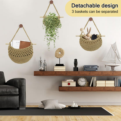 yuuzue 3 Tier Hanging Fruit Basket, Cotton Woven Wall Hanging Basket for Organizing Fruit Vegetable Storage, Boho Wall Baskets for Kitchen Bedroom Living Room