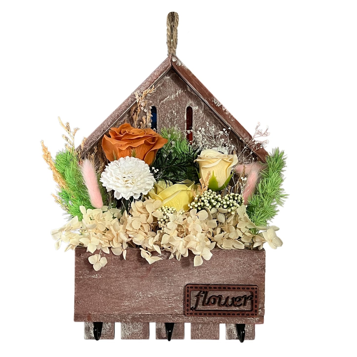 EIGHTOWN Orange Floral Wall Hooks, Farmhouse Wooden House Shape Key Holder with 3 Hooks, Artificial Soap & Dried Flower Decorative Hanger for Entryway, Living Room, Home Decor (Orange)