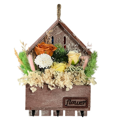 EIGHTOWN Orange Floral Wall Hooks, Farmhouse Wooden House Shape Key Holder with 3 Hooks, Artificial Soap & Dried Flower Decorative Hanger for Entryway, Living Room, Home Decor (Orange)
