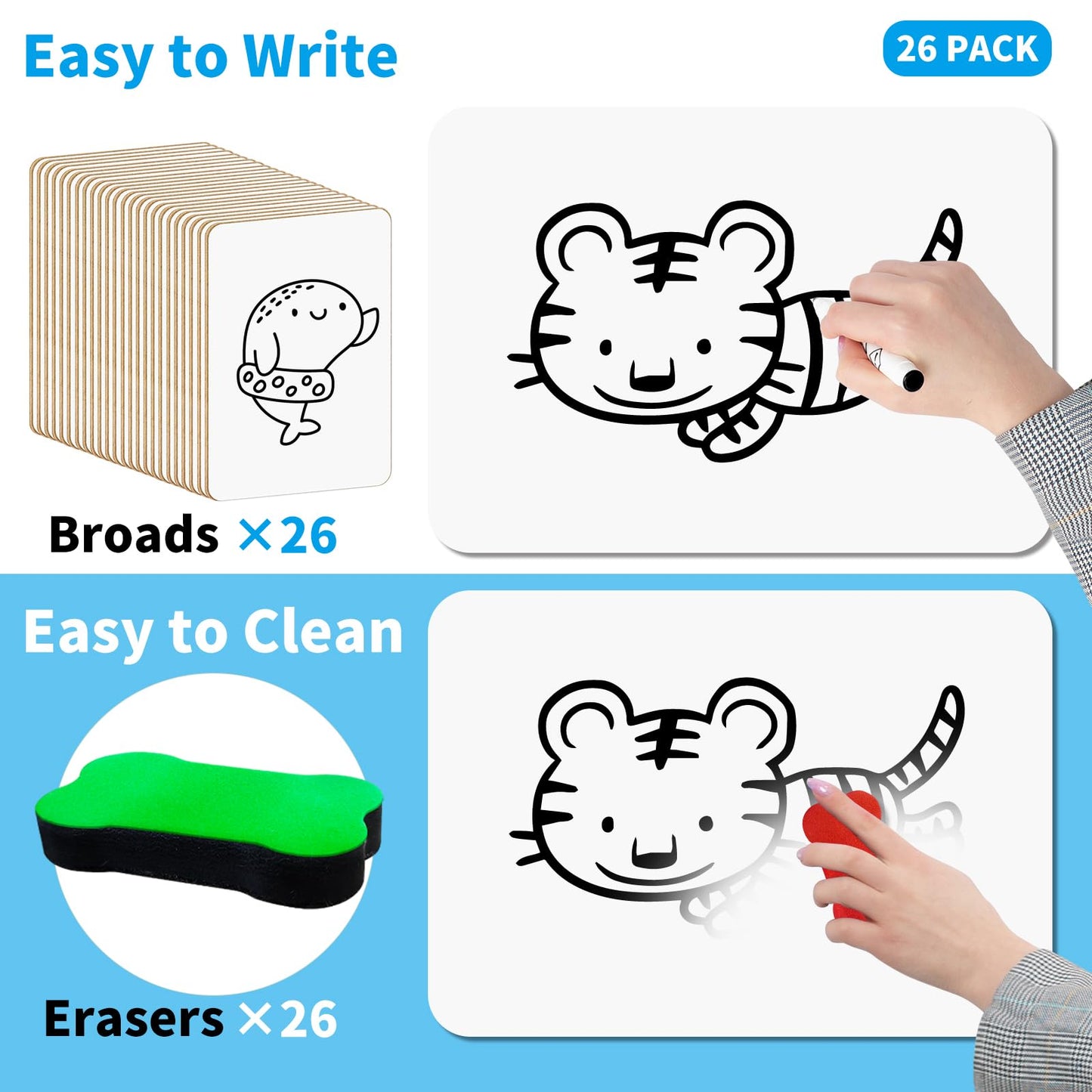 OSIMIG 26 Pack Small White Board Dry Erase, Mini Dry Erase Board 9" x12”, Double Sided Personal Whiteboards with 26 Erasers, White Boards for Students Teachers School Supplies