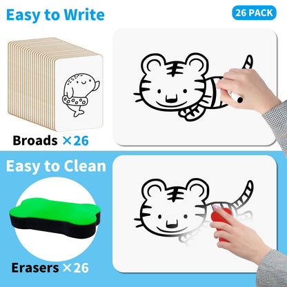 OSIMIG 26 Pack Small White Board Dry Erase, Mini Dry Erase Board 9" x12”, Double Sided Personal Whiteboards with 26 Erasers, White Boards for Students Teachers School Supplies