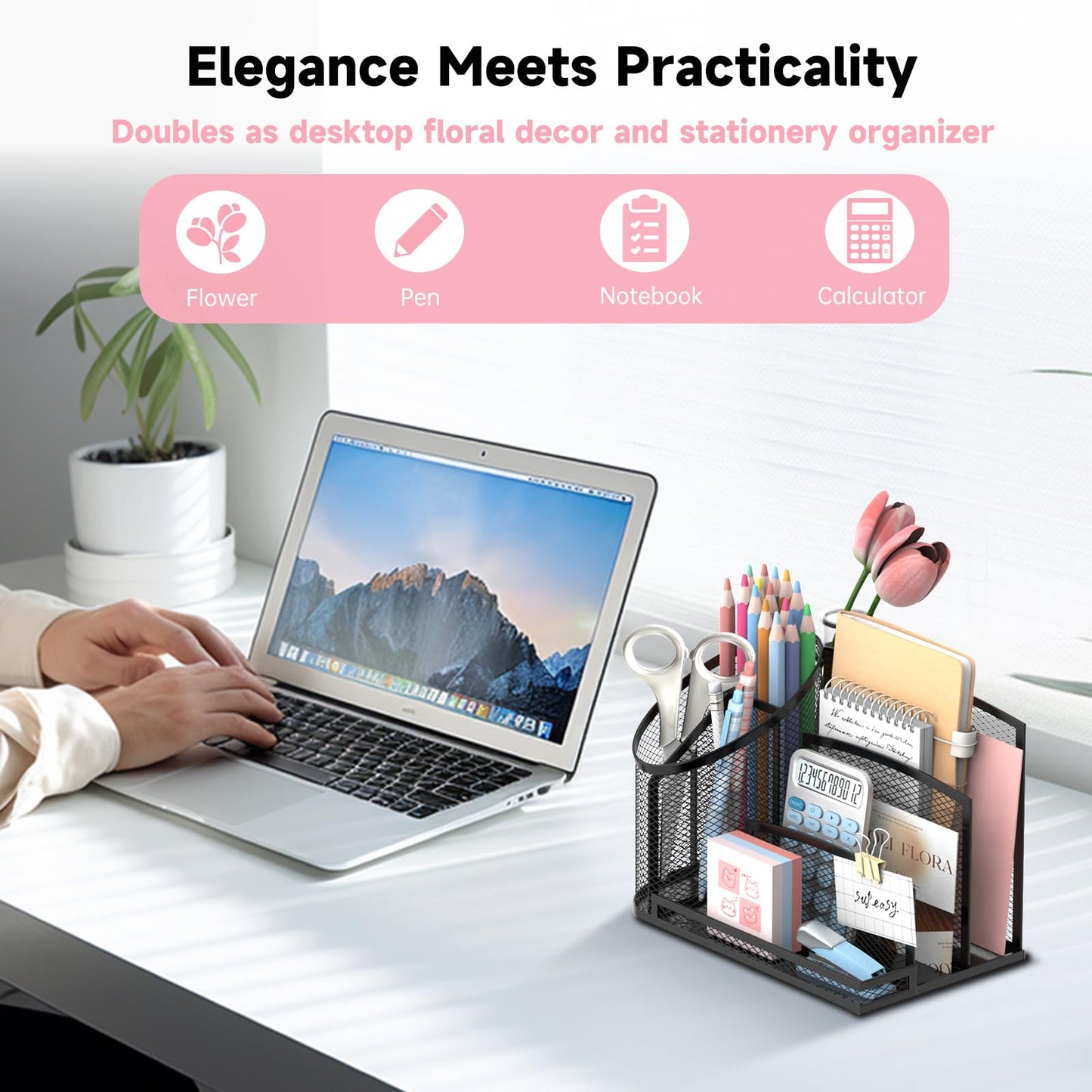 SUPEASY Desk Organizer with 3 Compartment Pen Holder, 3-Slot Mail Organizer and Flower Tube, Metal Mesh Bill Organizer for Pencil, Envelope, Letter and Office Supplies, Black