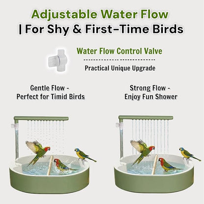 Bird Shower Parakeet Bath for Cage with Adjustable Water Flow Control Valve, Parrot Shower Bath for Budgies with Plug, Automatic Circulating Water Fountain for Pet Bird, Cockatiel, Conure(green pipe)
