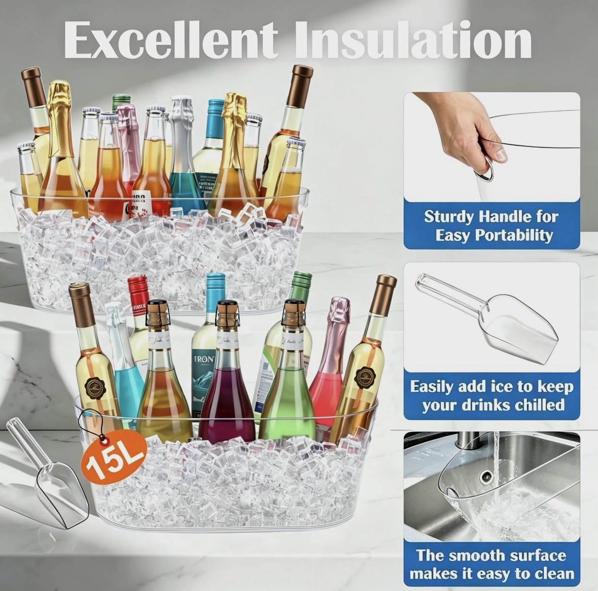 4 PCS Ice Buckets for Parties, 15L Large Ice Bucket, 4 Gallon Champagne Bucket with Scoops, Beverage Tub Mimosa Bar Supplies for Champagne, Beer, Cocktail