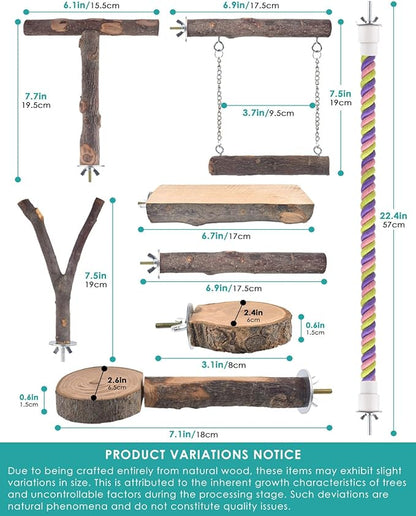 DBNESS Bird Perches, 8pcs Natural Wood Parrot Perch Stand Chewing Toys Cage Accessories Hanging Multi-Branch Perch Platform Swing Toy Rope Perches for Small and Medium Parakeet, Conures, Budgies