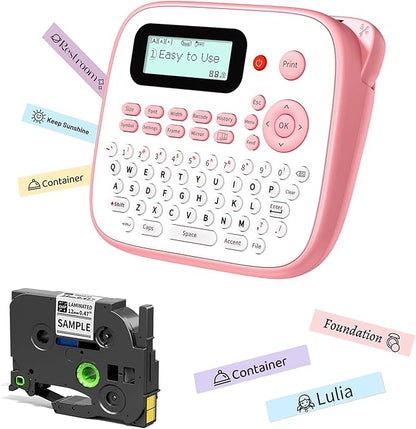 Pink Label Maker Machine with-Tape, Portable Kids Label Maker, QWERTY Keyboard Labeler Handheld, D210S Easy Labeler with Multiple Fonts Frame Barcode for Home Office School Supplies