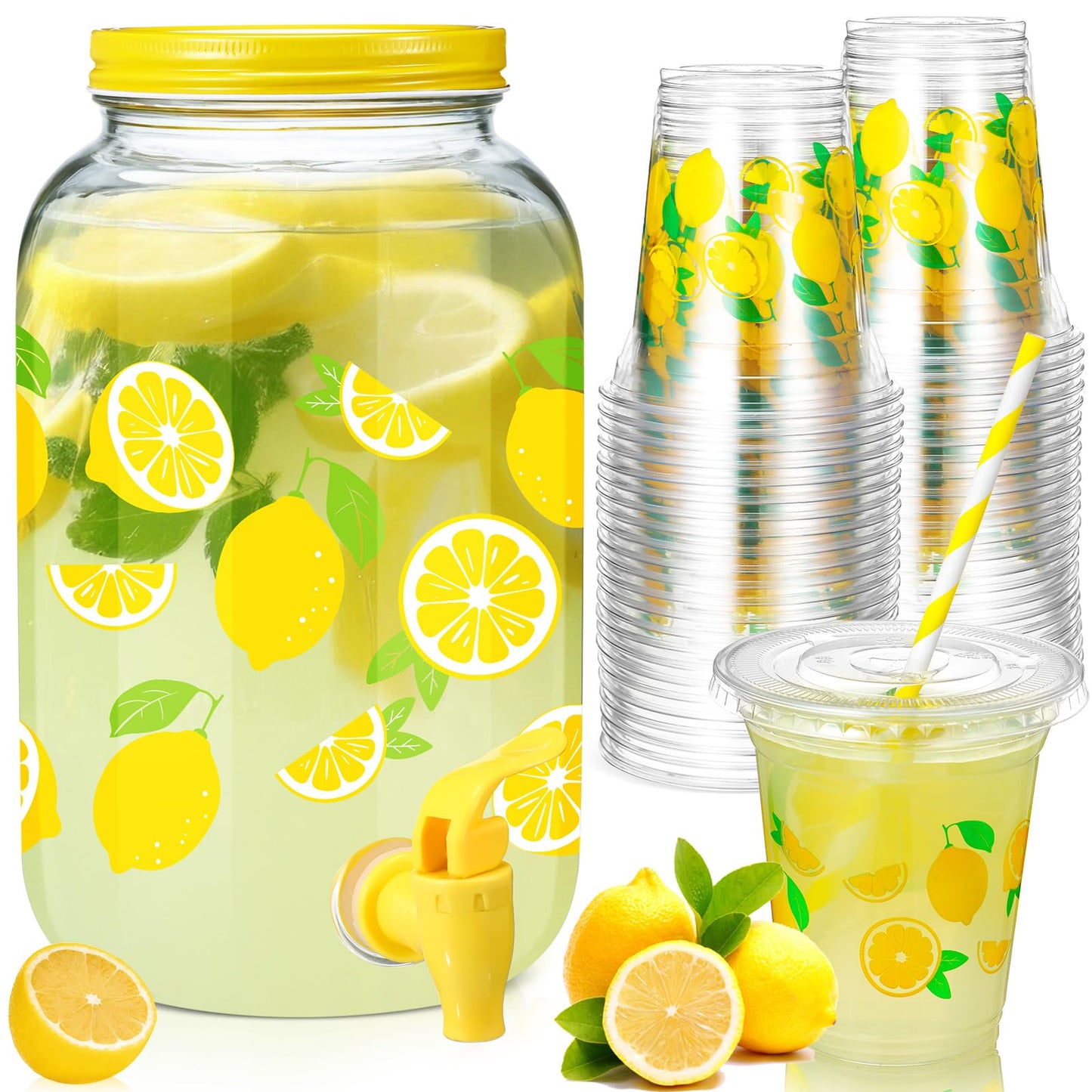 Umigy 1 Gallon Glass Lemonade Dispenser with 100 Pcs 16 oz Disposable Plastic Lemon Cups with Lids and Straw Drink Dispenser with Spigot for lemonade Stand Supplies Party Juice Ice Tea Beer Beverage