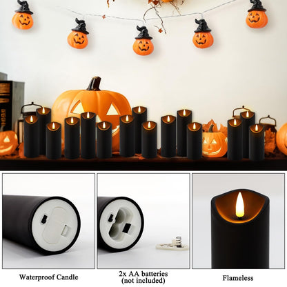 CAKETYCG 24 Pack Black Halloween Decoration Flickering Flameless Candles(D2.2 xH 5" 6" 7"), Battery Operated LED Pillar Candles with Remote Control and Timer,for Home Decor.