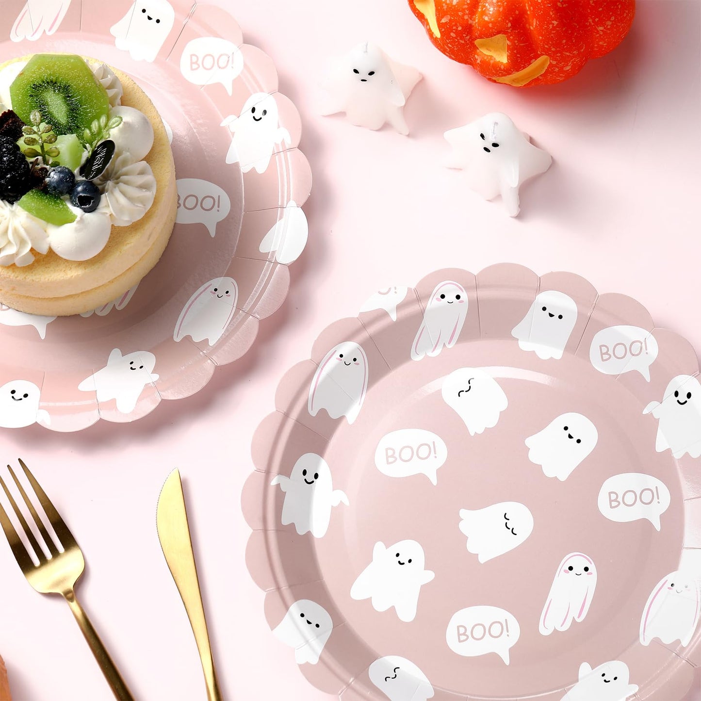 Havawish 100 Pcs Christmas Paper Plates Pink Ghost Boo Disposable Plates 9 Inch Cute Cartoon Ghost Tableware decorations for Christmas Happy Boo's Day Birthday Baby Shower Party Supplies