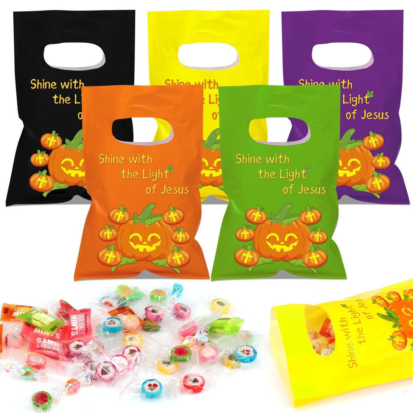 Tenceur 300 Pcs Halloween Religious Pumpkin Candy Bags for Kids Bulk Christian Jesus Bible Gift Goody Halloween Bags for Party Favor