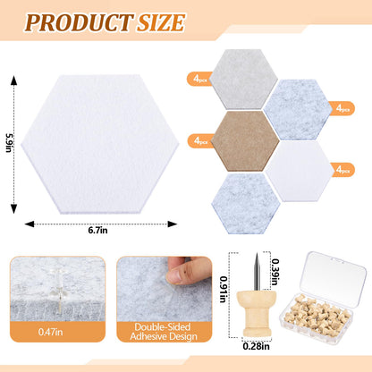 Mindsoft 16 Pcs Hexagon Cork Board for Walls with 50 Wooden Push Pins 6.7 x 5.9 in Felt DIY Tiles Notice with Nano Tape Hanging Bulletin Board for Home Photo Office Memo Note(Light Camel)