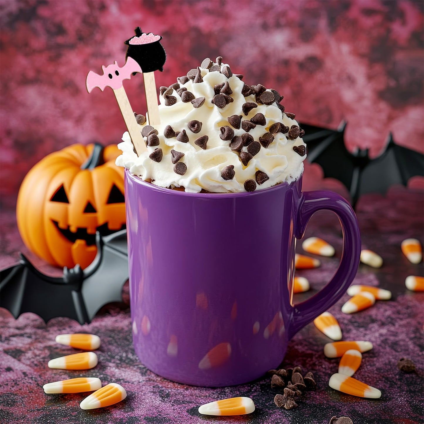 JarThenaAMCS 120Pcs Halloween Coffee Stirrers Disposable Pink Black Ghost Bat Cat Pumpkin Stir Sticks Wooden Drink Stirrer for Hot Chocolate Milkshake Restaurant Home Office