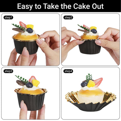 EUSOAR Baking Cups, 200pcs 3.5oz Aluminum Muffin Cupcake Liners Mini Cheesecakes Cups, Disposable Ramekins Foil Dessert Wrappers Paper Cupcake Liners Holder for Birthday Wedding Party-Black/Gold