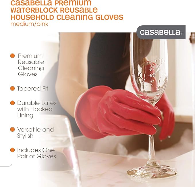 Casabella Premium Waterblock Reusable Household Cleaning Gloves, Medium (Pack of 2)