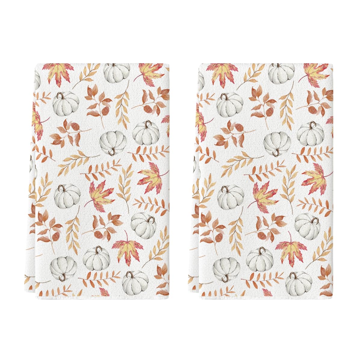 Artoid Mode Orange Leaves Pumpkin Fall Kitchen Towels Dish Towels, 18x26 Inch Farmhouse Decoration Hand Towels Set of 2