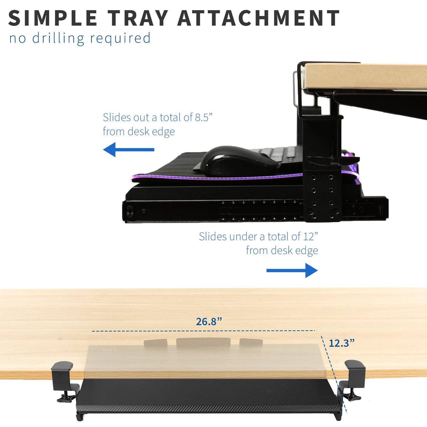 VIVO Large Height Adjustable Under Desk Keyboard Tray with RGB LED Light Mouse Pad, C-clamp Mount, 27 (33 Including Clamps) x 11 inch Slide-Out Platform Computer Drawer for Typing, Black, MOUNT-KB05GP
