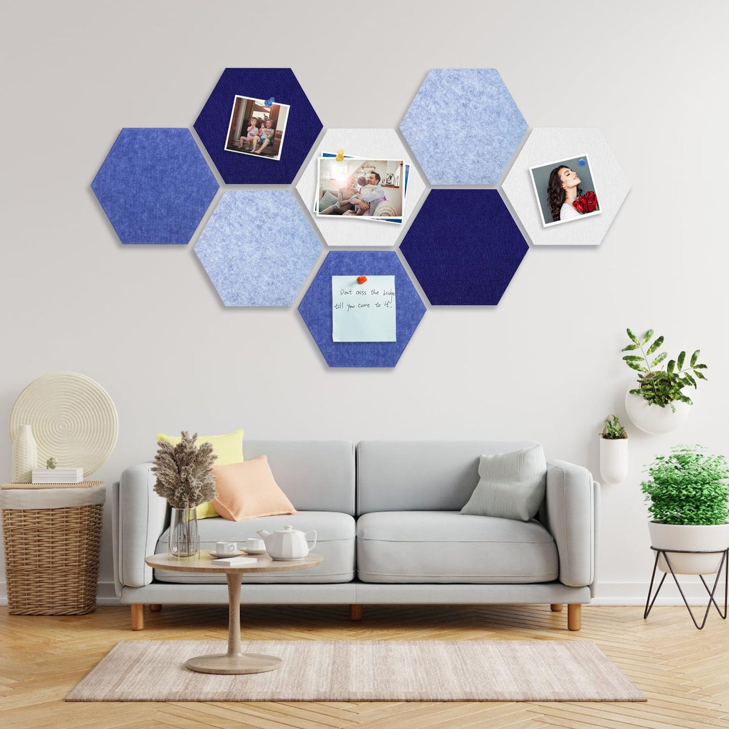 8 Packs Blue White Hexagon Felt Pin Board, 12" Bulletin Board with 30 Push Pins, Felt Board for Home Kitchen Office Decor, Self-Adhesive Corkboard Tiles for Walls School Message Photos Memos
