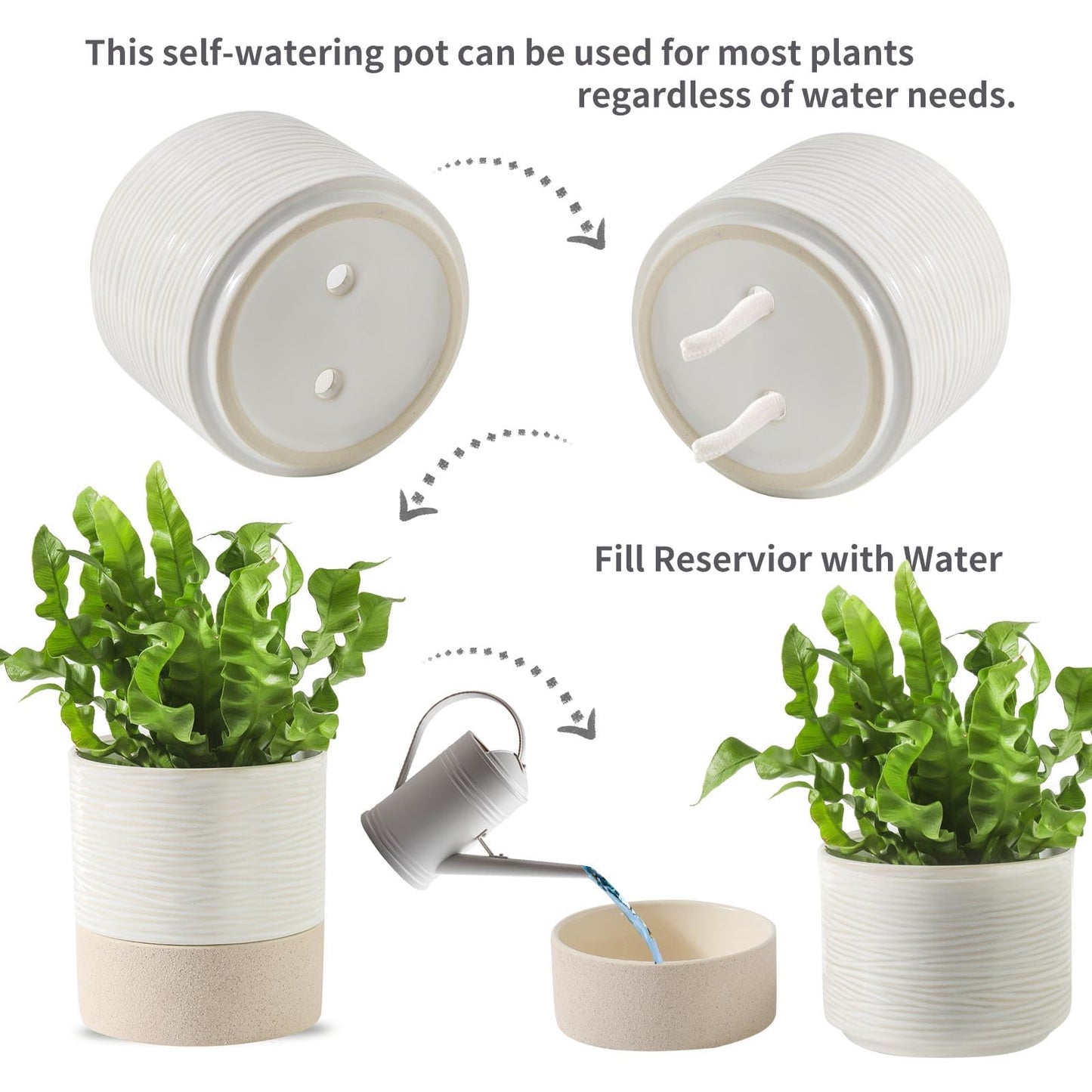 Nihow Self Watering Plant Pot: 4.5 Inch Ceramic Planter with Drainage Hole & Water Storage Plus for Indoor & Outdoor Plants - Cylinder Flower Pot for Herbs/Violets - White & Brown