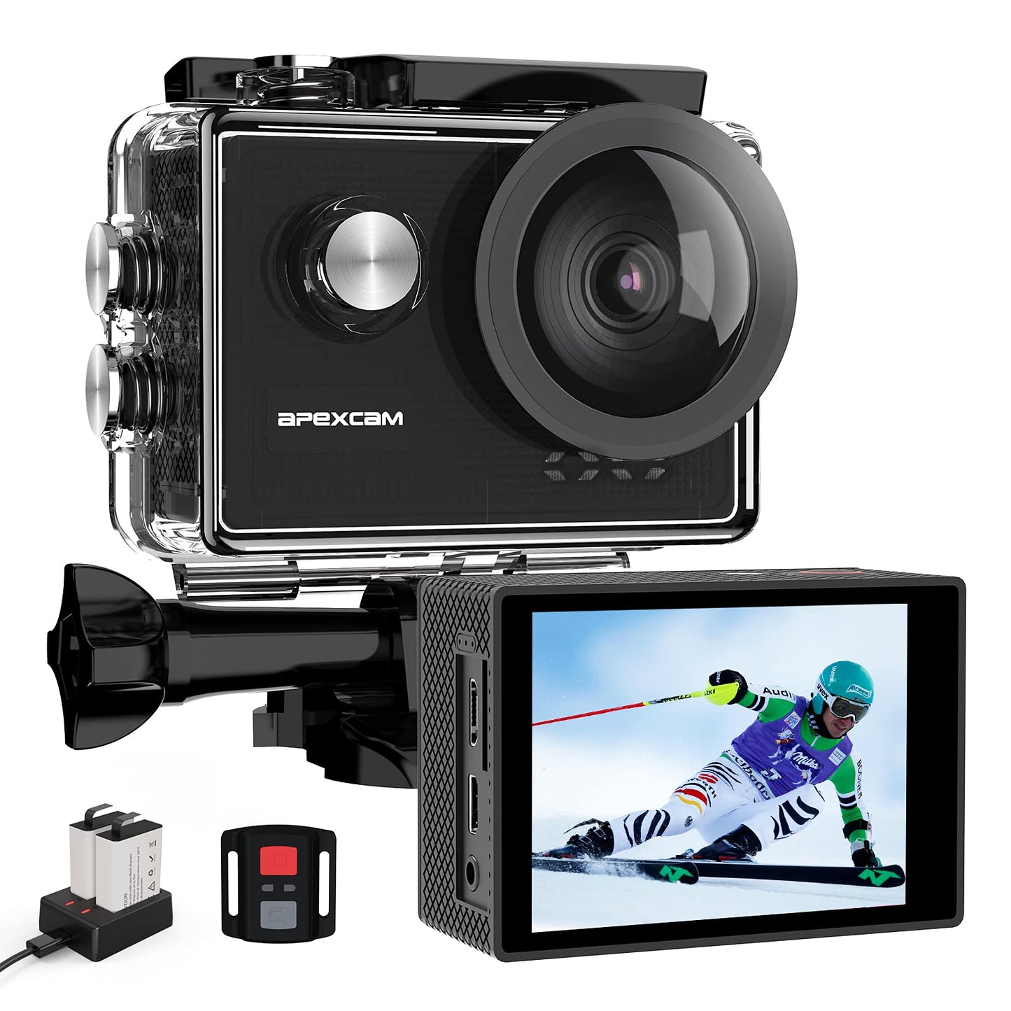 Apexcam 4K 60FPS Action Camera EIS Stabilization 20MP Sports Cam 40M Waterproof Underwater Camera 8X Zoom Support External Mic with Remote Control 2 x 1350mAh Rechargeable Batteries…