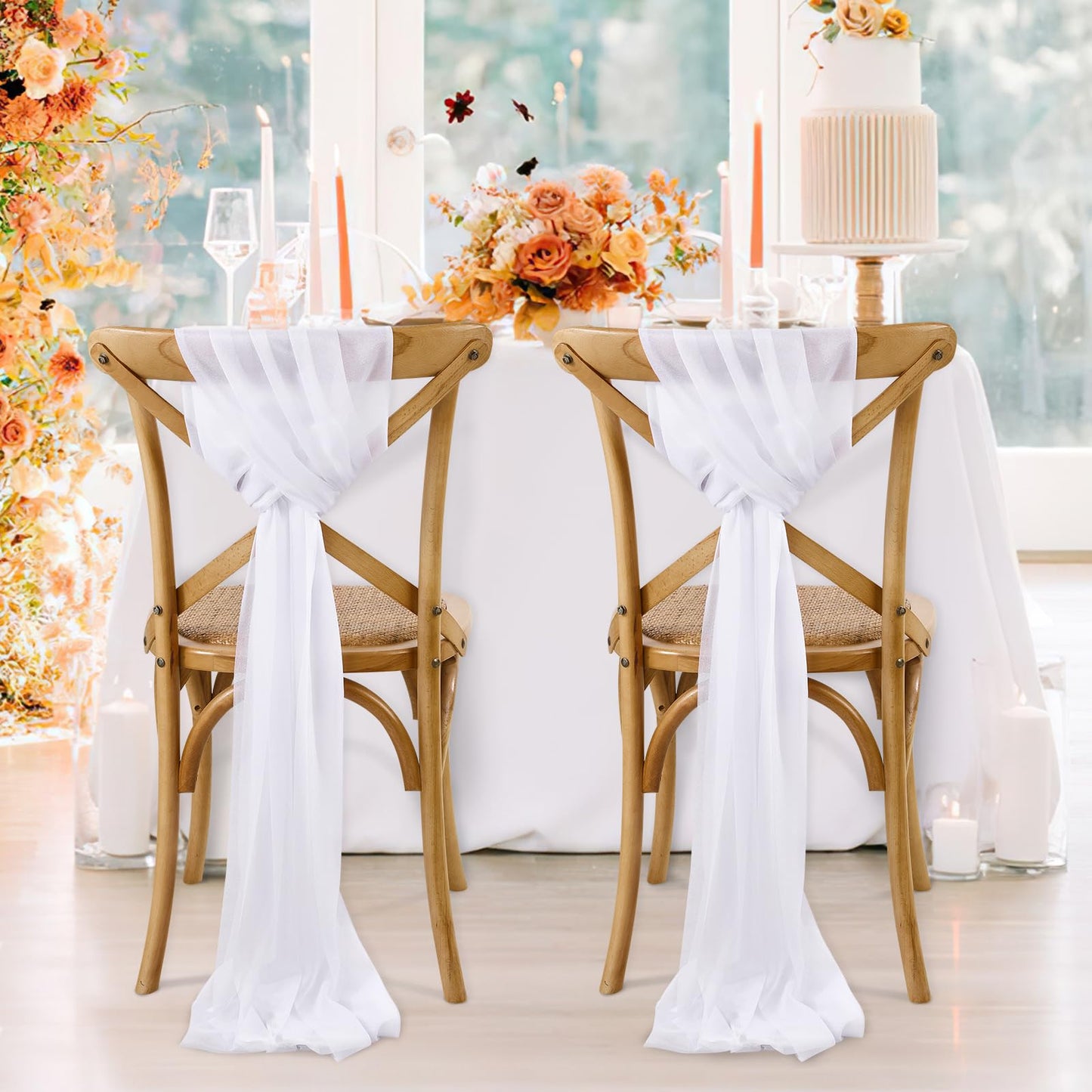 Fanqisi White Chair Sashes 16 Packs 8ft Long Aisle Wedding Chair Back Side Decorations Fabric Sheer Church Tulle Chairs Drapes Bulk