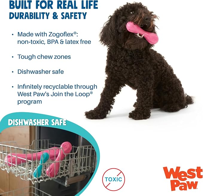 WEST PAW Zogoflex Hurley Dog Bone Chew Toy – Floatable Pet Toys for Aggressive Chewers, Catch, Fetch – Bright-Colored Bones for Dogs – Recyclable, Dishwasher-Safe, Non-Toxic, X-Small, Geranium