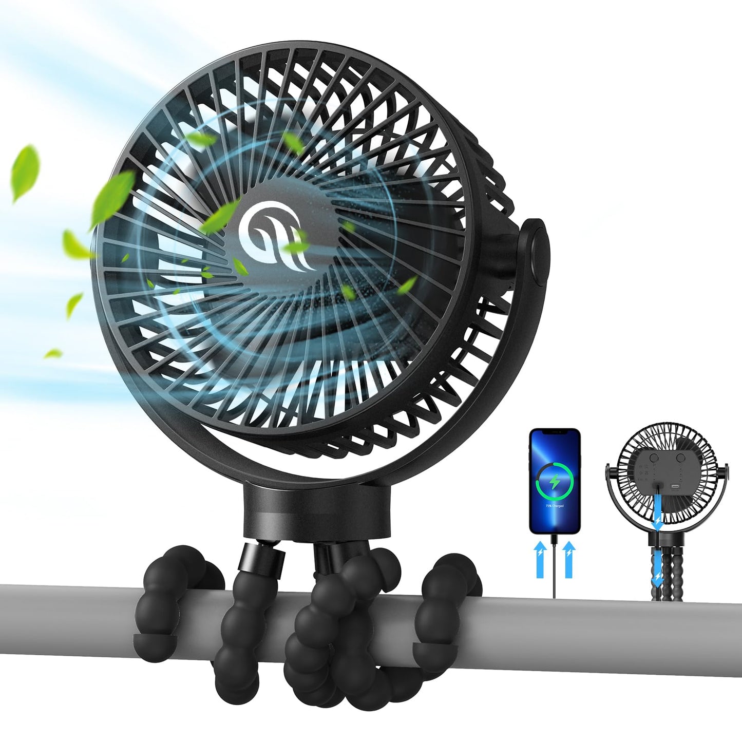 Portable Fan, Stroller Fan 60Hrs 12000mAh Battery Operated Fans USB Rechargeable Small Fan for Bedroom, Desk, Personal Handheld, Clip on Fan for Baby Stroller, Travel, Car Seat, Peloton, Bed, Camping