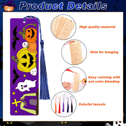 AmazingSpark 100 Pcs Wood Bookmarks Bulk DIY Crafts Kit, 50 Set Blank Coloring Bookmarks with Tassel for Classroom Gifts Exchange Activity Reading Party Favor Reward Goodie Fillers(Halloween)