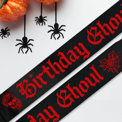JXYCBZYing Black Birthday Ghoul Sash with Red Gothic Letters, Halloween Ghouls Night Out Sash, Ghost, Spooky, Emo Bday, Happy Boo Day Accessories, Decorations Ideas, Gifts, Jokes and Favors