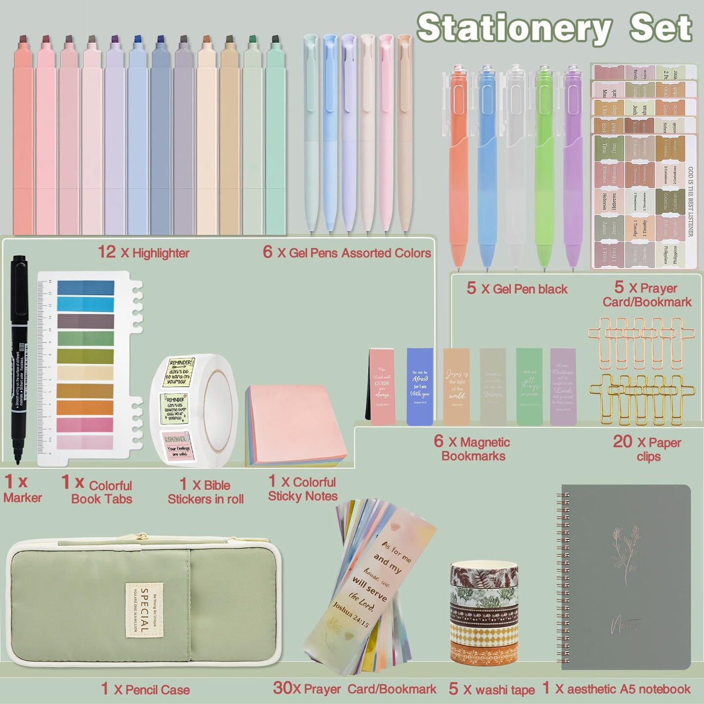 HRFGWDD Bible Study Supplies Kit for Women 96PCS Bible Journaling Kit with Bible Tabs for Women,Bible Highlighters and Pens, Bookmark, Journal, Bible Bag, Stationary Gift Set[Green]