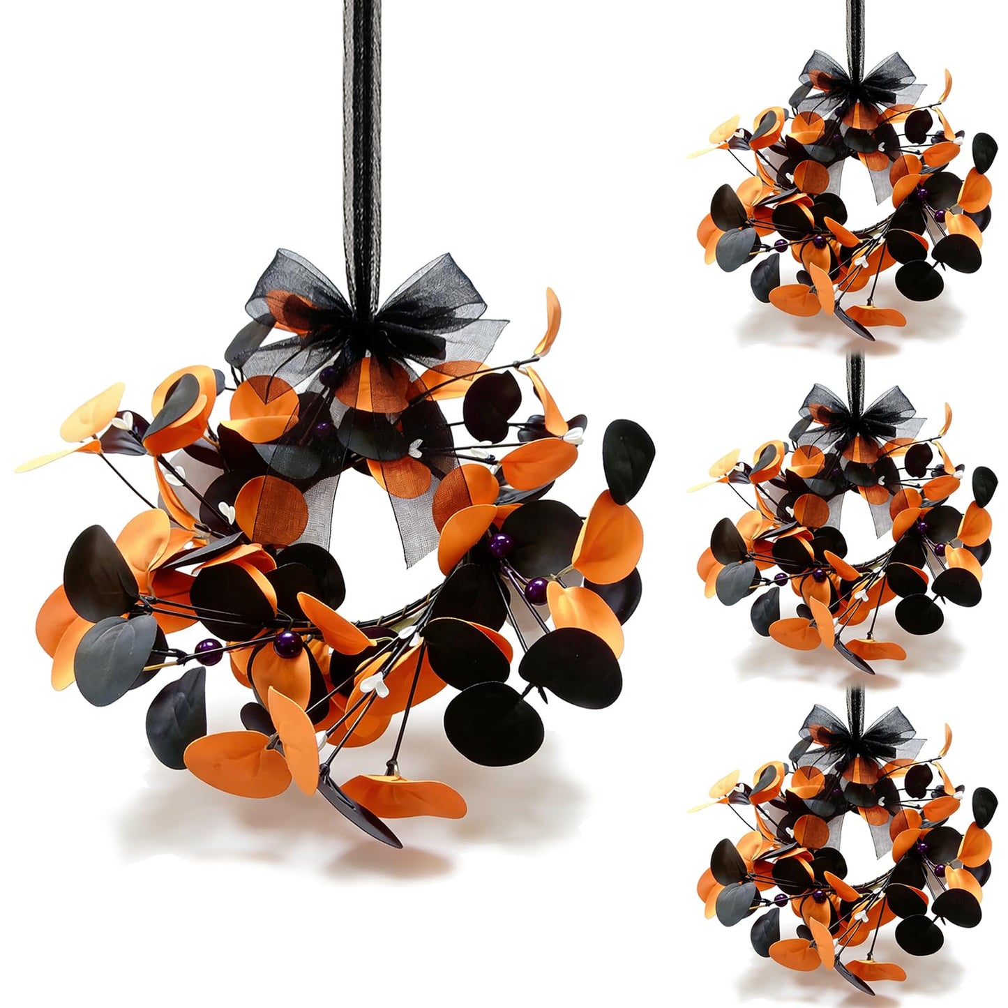 4 Pcs Small Halloween Hanging Wreaths with Artificial Orange Black Eucalyptus Leaves Dark Purple Berry Beads Gothic Mini Cabinet Wreath for Home Table Centerpieces Kitchen Halloween Party Decor