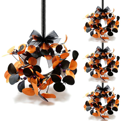 4 Pcs Small Halloween Hanging Wreaths with Artificial Orange Black Eucalyptus Leaves Dark Purple Berry Beads Gothic Mini Cabinet Wreath for Home Table Centerpieces Kitchen Halloween Party Decor