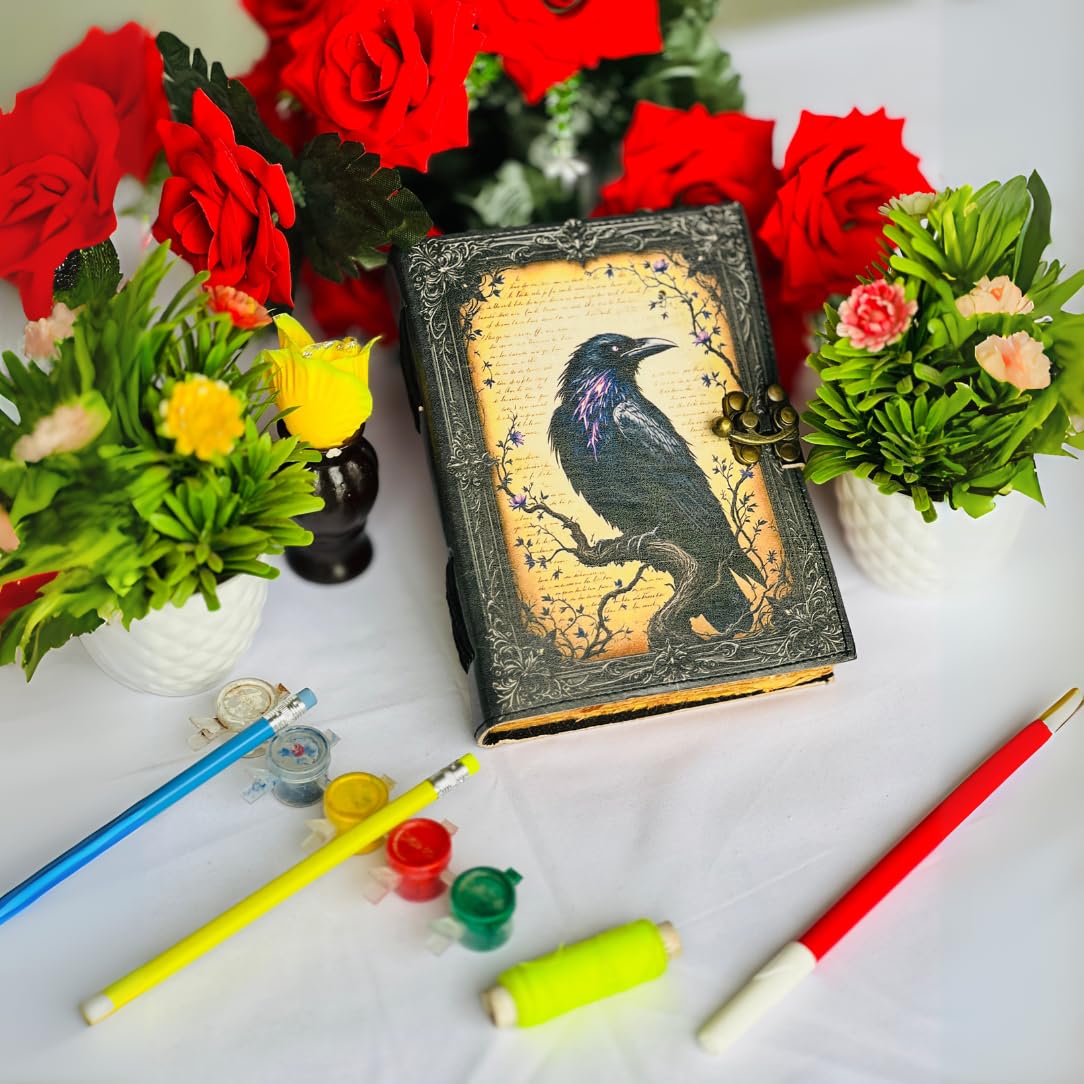 Goth Gifts Raven Crow Leather Journal for Men & Women With Lock, 200 Witchcraft Supplies Books Witchy gifts for women black Grimoire Journal Spell Book Leather Bound Notebook Diary For Halloween 7 X 5