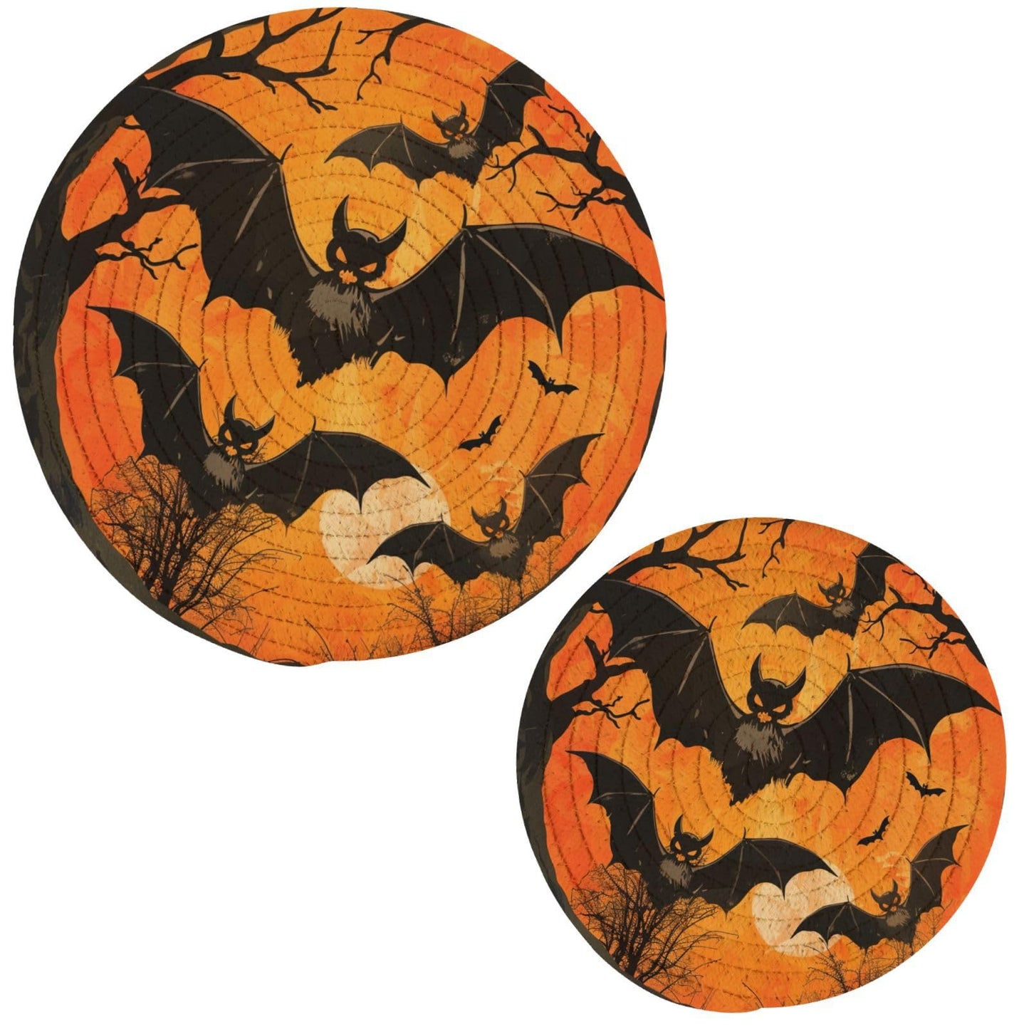 Woven Kitchen Potholders Trivets Set of 2, Halloween Bats Tree Moon Cotton Round Hot Pot Coasters Placemats for Cooking Baking Dish Pan Pot Bowl Teapot(7&9 Inches Diameter)