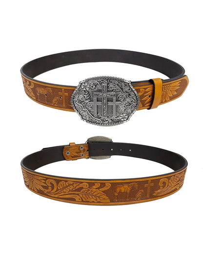 TOPACC Western Belts for Woman Men Cross Belt Buckle Cowgirl Cowboy Brown Leather Country Belt for Jeans Pants