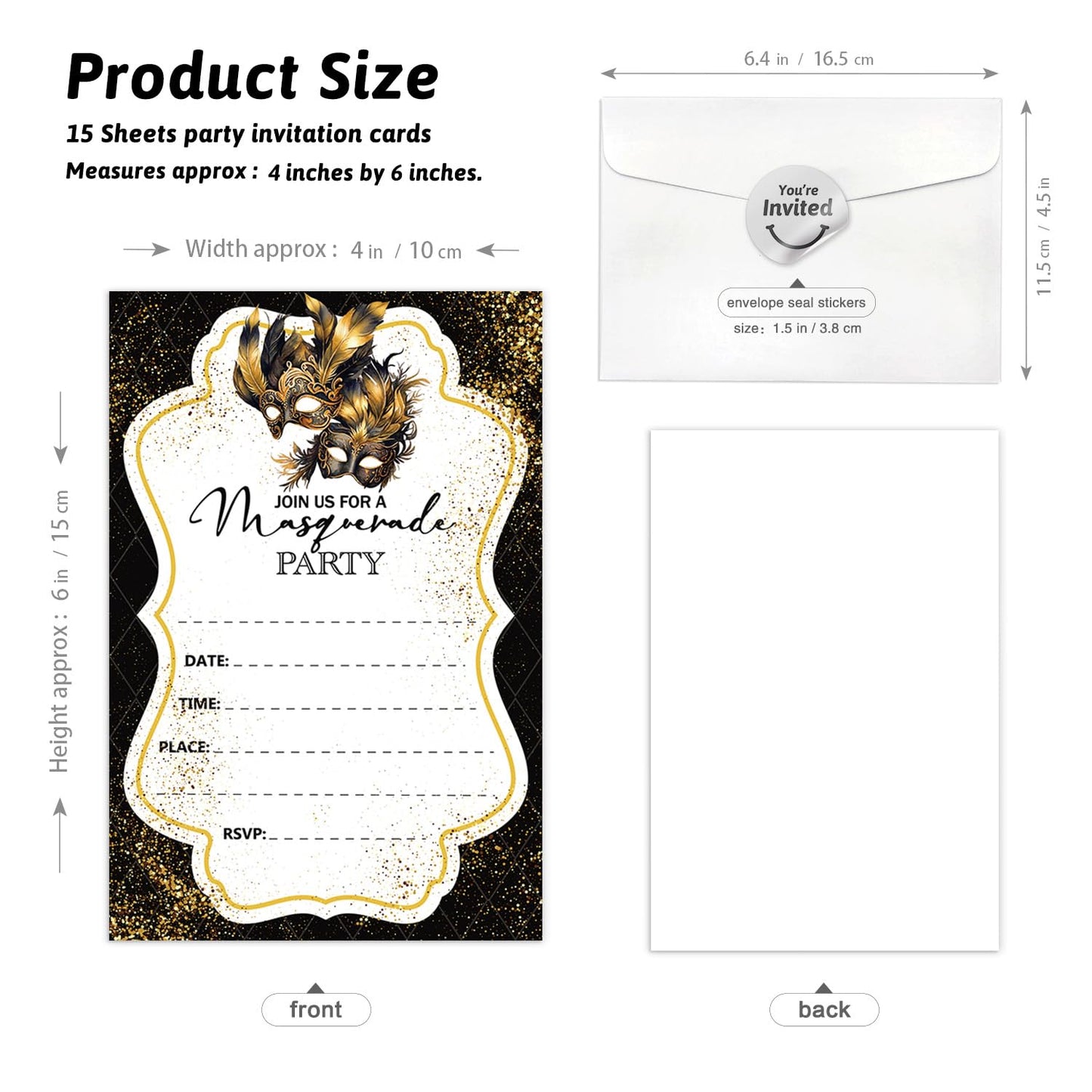 Cusrtyh Black Gold Mask Masquerade Ball Personalized Party Shaped Fill-In Invitations card 15 Sheets with Envelopes, Masquerade Party Invites, Masquerade Mask Invitations Cards Mardi Gras Supplies