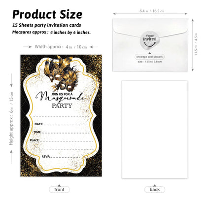 Cusrtyh Black Gold Mask Masquerade Ball Personalized Party Shaped Fill-In Invitations card 15 Sheets with Envelopes, Masquerade Party Invites, Masquerade Mask Invitations Cards Mardi Gras Supplies