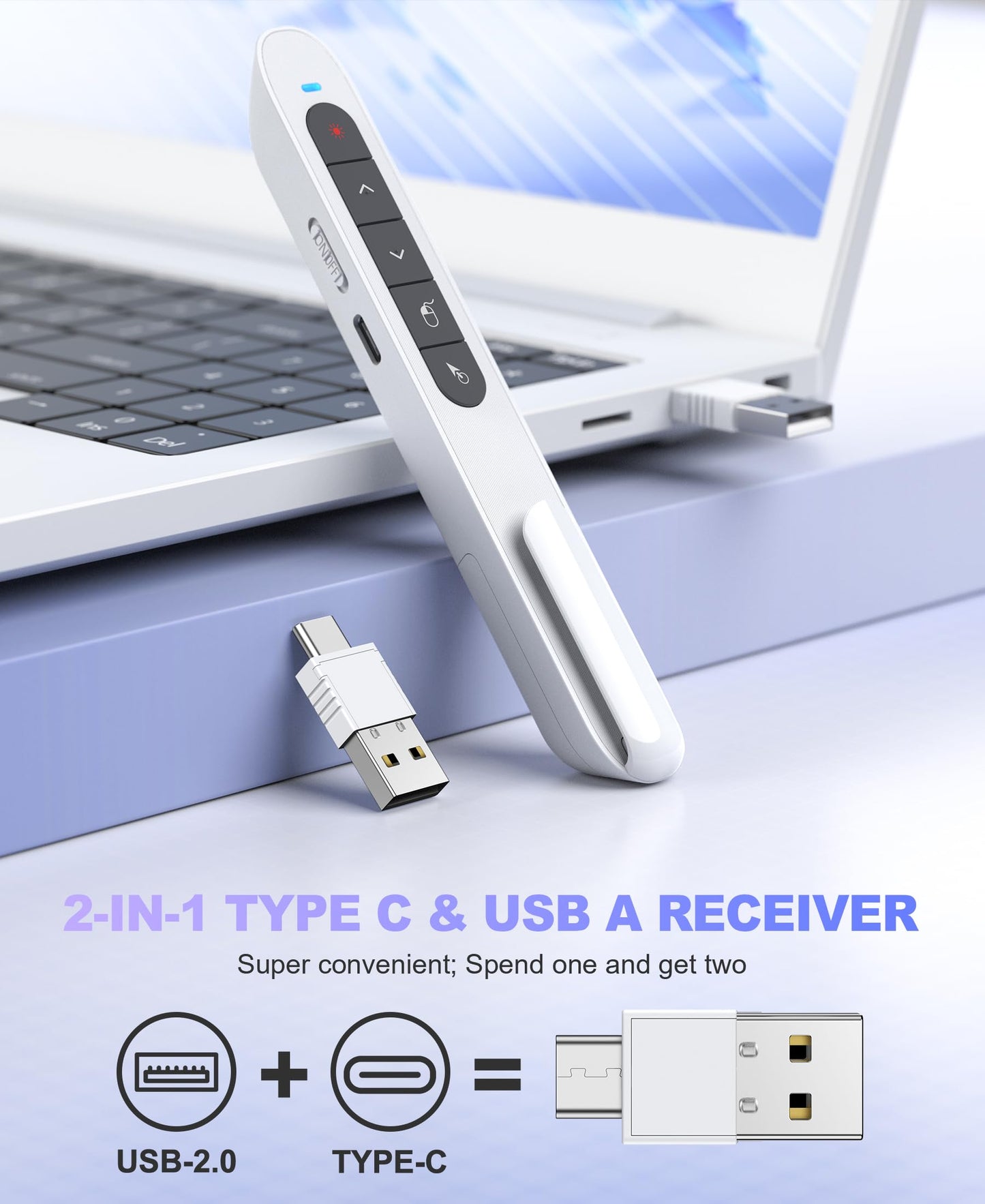2 in 1 USB Type C Wireless Rechargeable Presenter Remote with Air Mouse, Volume Control Presentation Clicker PPT Pointer RF 2.4GZ PowerPoint Clicker Slide Advancer for Window Mac Keynote Google White