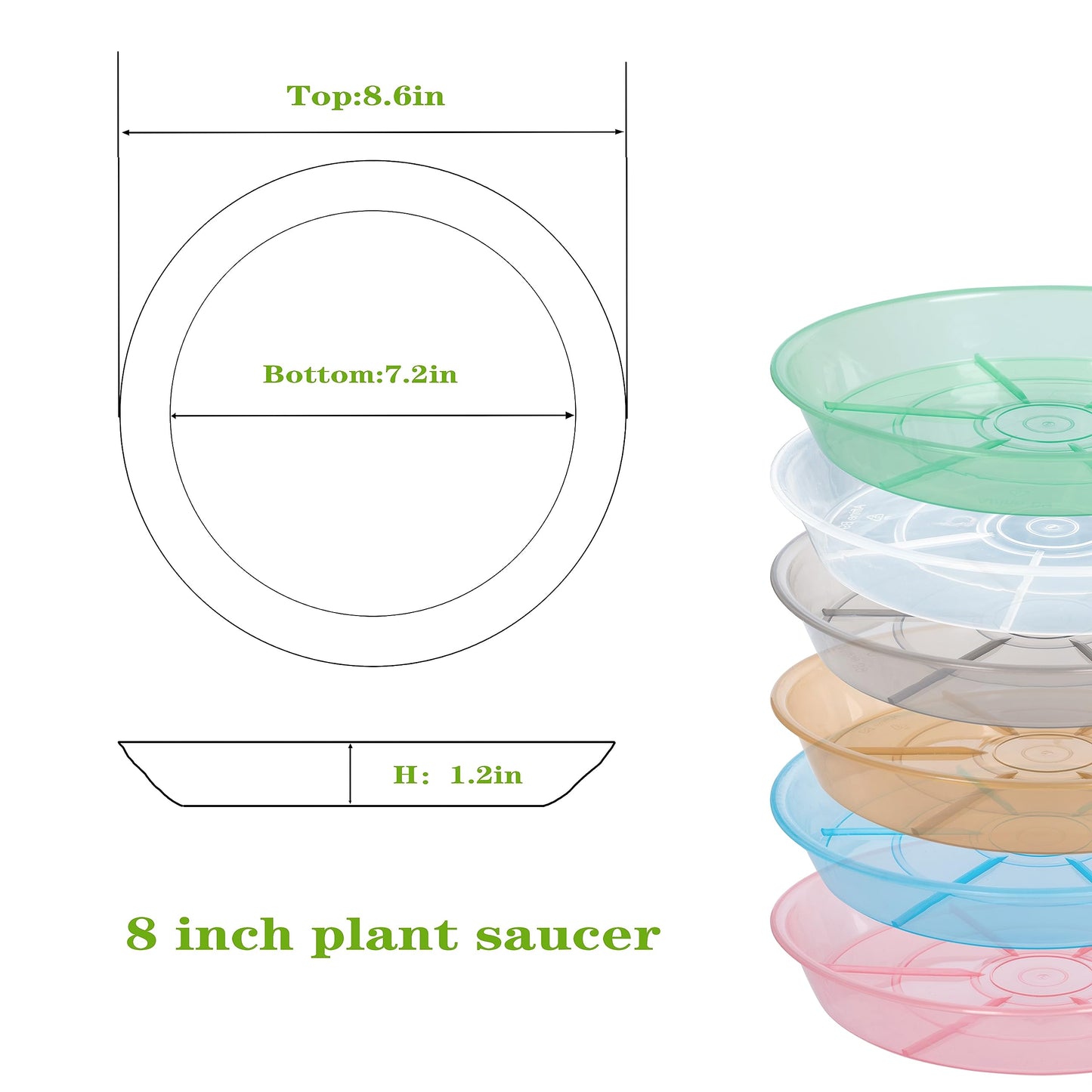 Afrine 6 Pack Plant Saucer Drip Tray 7 8 inch, Plant Drainage Trays, Heavy Sturdy Plastic Planter Flower Pot Saucers for Indoor Outdoor Garden, Plant Water Drip Trays for pots (8", Clear)