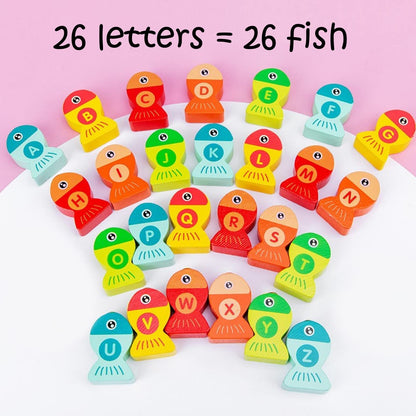 Haktoys Wooden Fishing Alphabet Game Magnetic Learning Toy with Ocean Sticker Book, ABC Toy with 26 Lettered Fish & 2 Poles, Educational Travel Game for Toddlers Preschool Kids