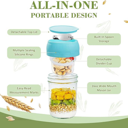 Miuyhji 4 Pack Overnight Oats Containers with Lids, Chia Seed Pudding Jars with Folding Spoons & Divided Compartments for Fruit & Nuts, 16oz Glass Mason Jars for Oatmeal Yogurt Meal Prep Parfait