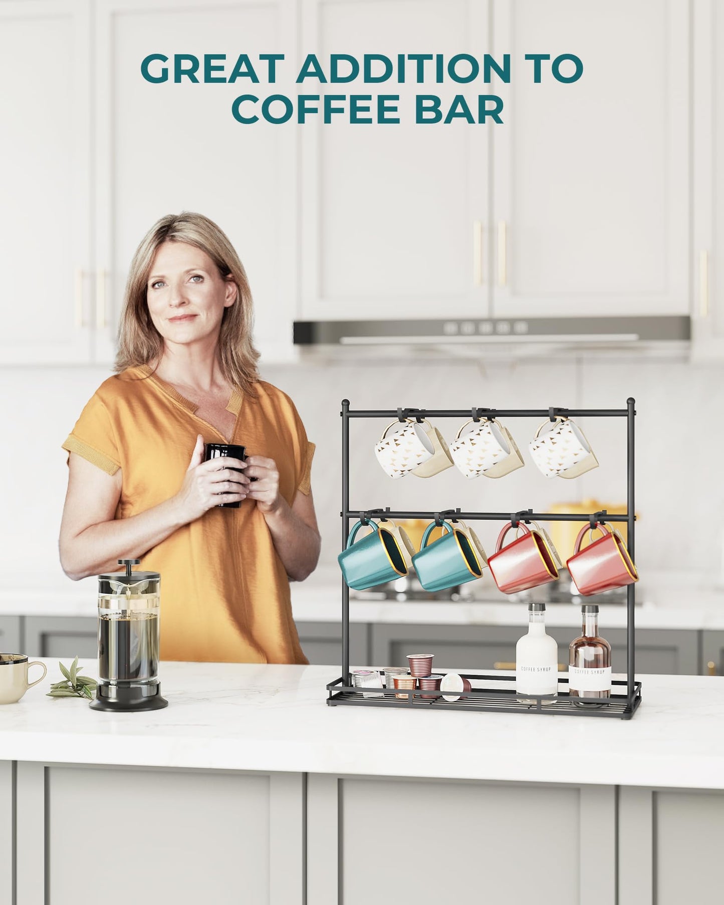 OROPY Coffee Mug Holder for Countertop, 14-Hook Mug Tree Rack for 14 Cups, 2 Tier Mug Display Stand with Heavy Duty Metal Base