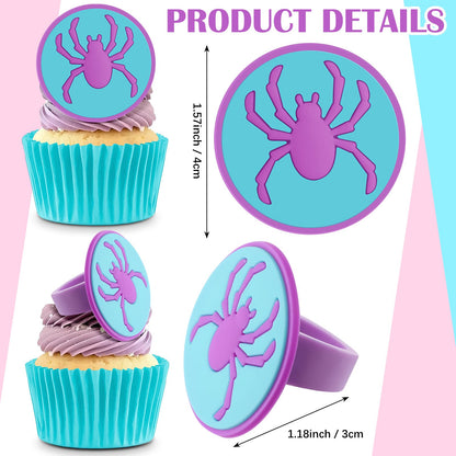 RoundFunny 48 Pcs Spider Cupcake Toppers Cake Decorations Spider Birthday Party Decoration Cupcake Dessert Rings Toppers for summer Party Gifts Classroom Prizes(Teal/Purple/Pink)