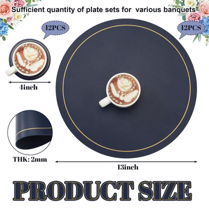 Sunnychicc Set of 12 Round Placemats and Coasters 13 Inch Faux Leather Placemats and 4 Inch Circle Coasters Waterproof Non Slip Kitchen Table Mats with Gold Trim for Dining Table Kitchen (Navy Blue)