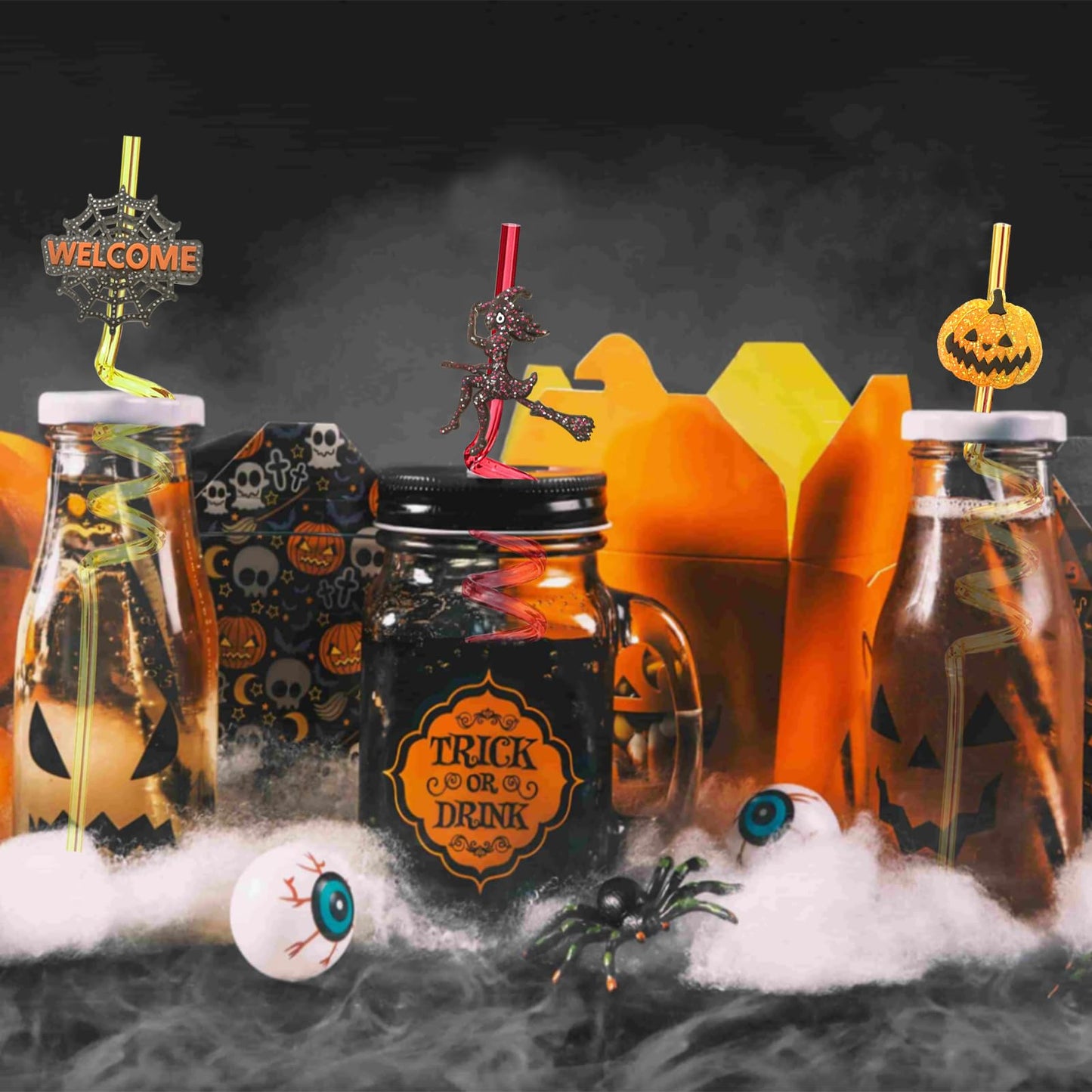 24Pcs Bling Glitter Halloween Party Favors Straws Bats Pumpkin Witch Ghost Straws for Halloween Party Supplies Birthday Party Decoration with 2 Cleaning Brush.