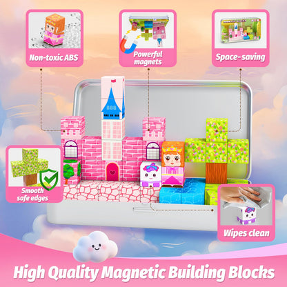 CEMECER Mini Magnetic Blocks for Kids, 45PCS Travel Magnetic Building Block Cubes with Iron Box, Princess Stacking Magnets Toys for Toddlers, Sensory Montessori Construction Toys.
